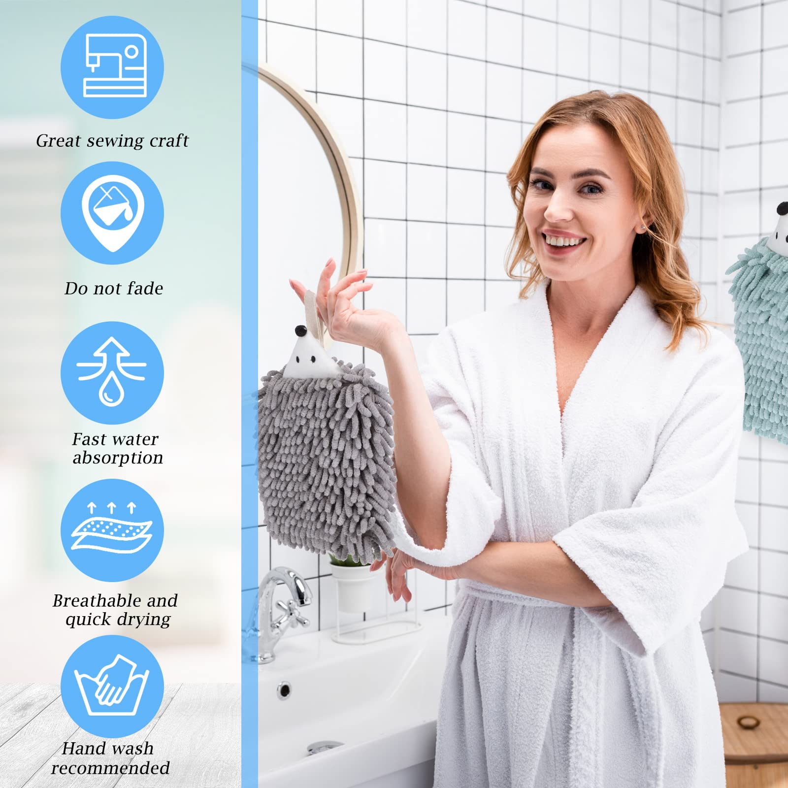 Kinlop 4 Pcs Chenille Hand Towels With Loop Cute Hedgehog Microfiber Hand Towels Absorbent Small Hanging Chenille Hand Towel For